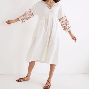 NWT Madewell Embroidered-Sleeve Popover Midi Dress in Lighthouse